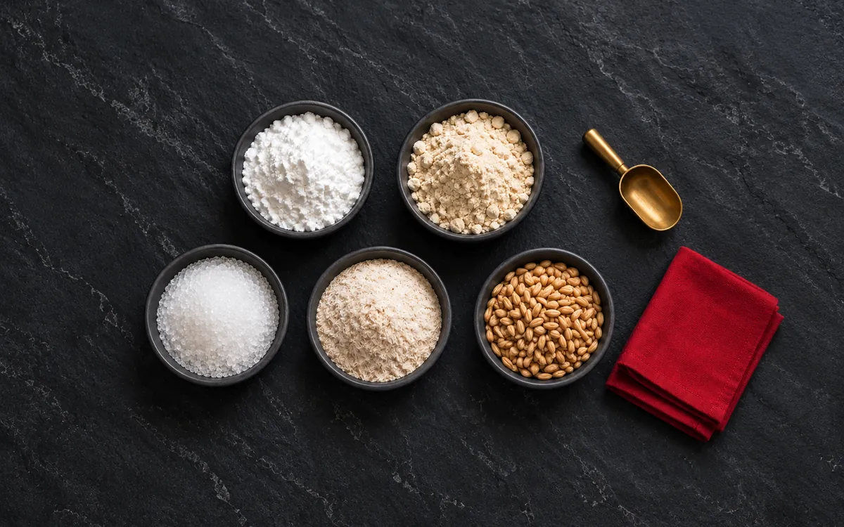 Bowls of starch, protein powder, sweetener, fibre and grain