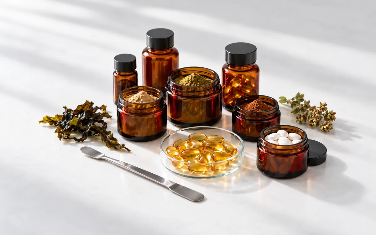 Amber jars of extract powders, softgel capsules and tablets