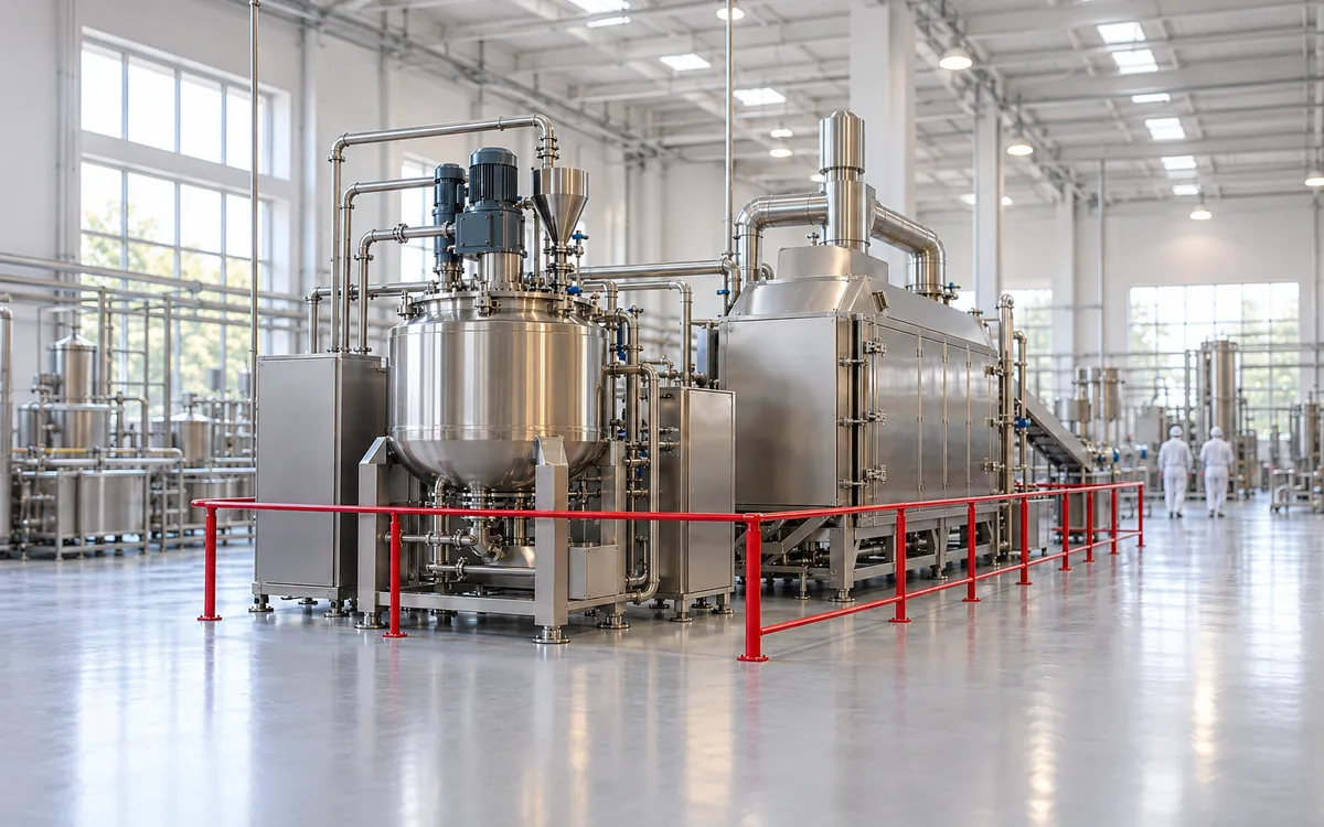 Stainless steel mixing tank and dryer in a food factory