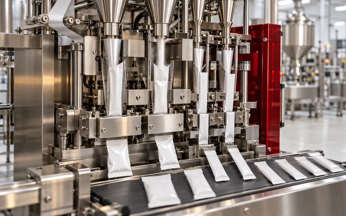Packaging machine filling sachets and stick packs with powder